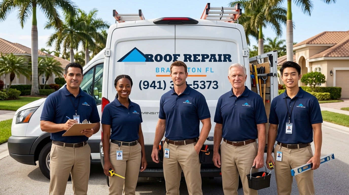 Roof Repair Bradenton FL professional roofing team with branded van (941) 318-5373 in Bradenton Florida