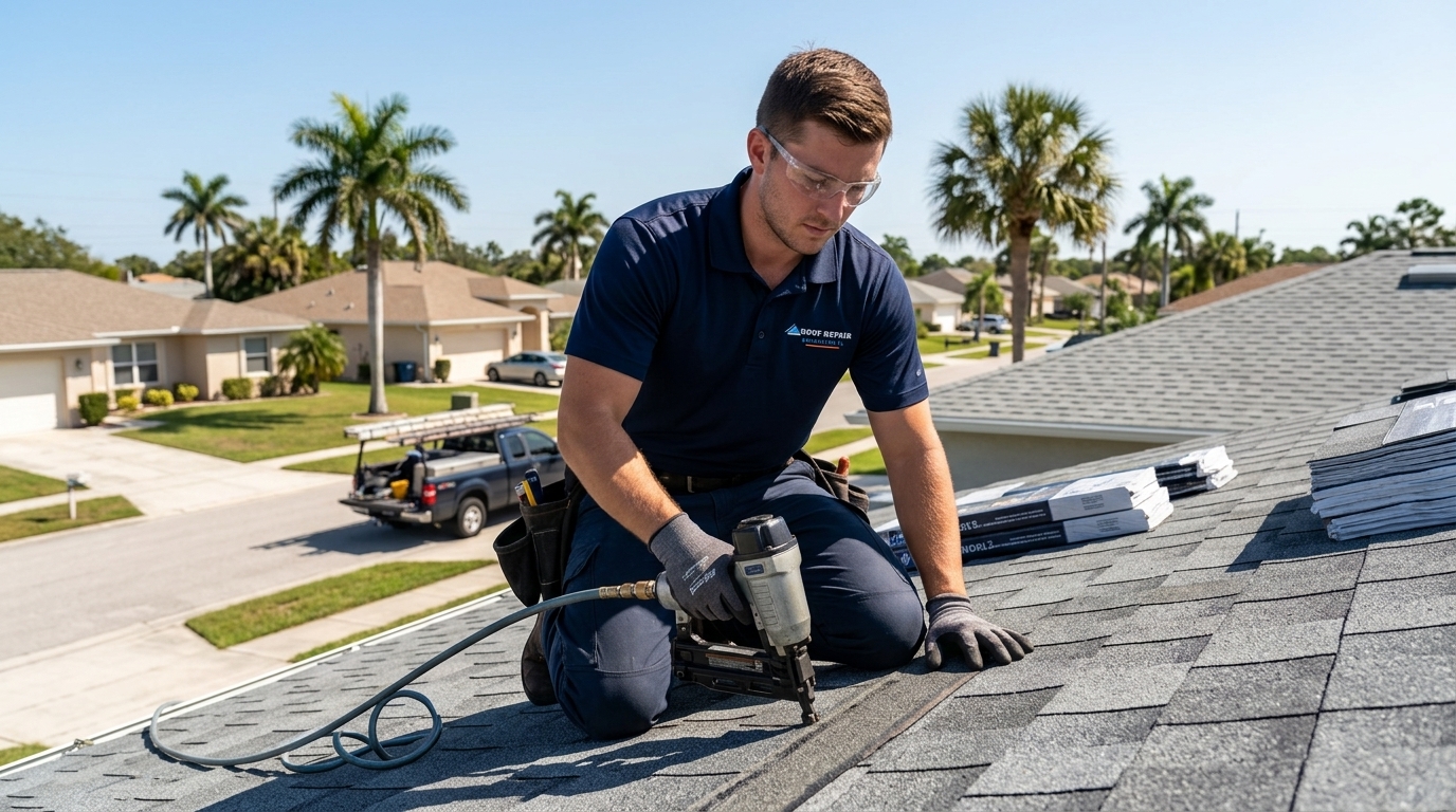 Asphalt shingle repair with pneumatic nail gun by Roof Repair Bradenton FL technician