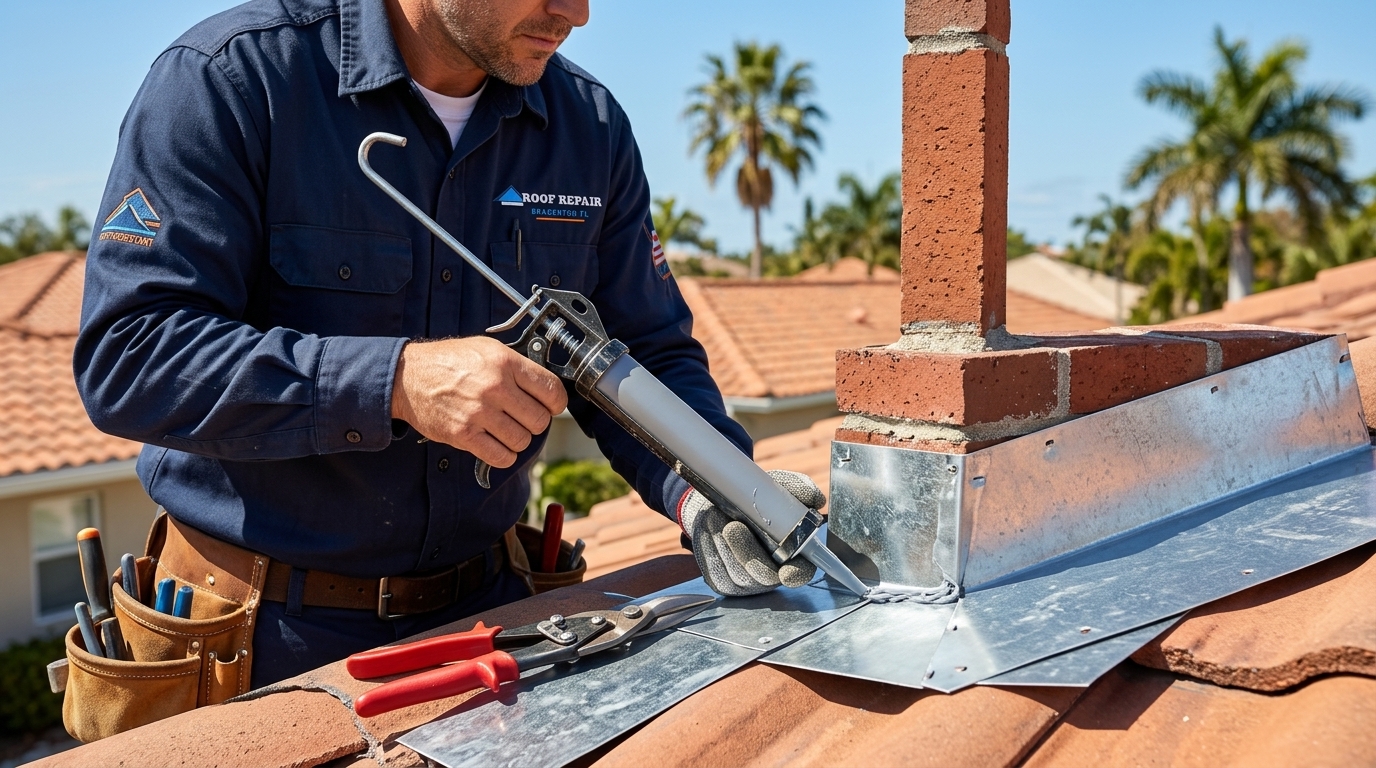 Step and counter flashing chimney detail repair by Roof Repair Bradenton FL