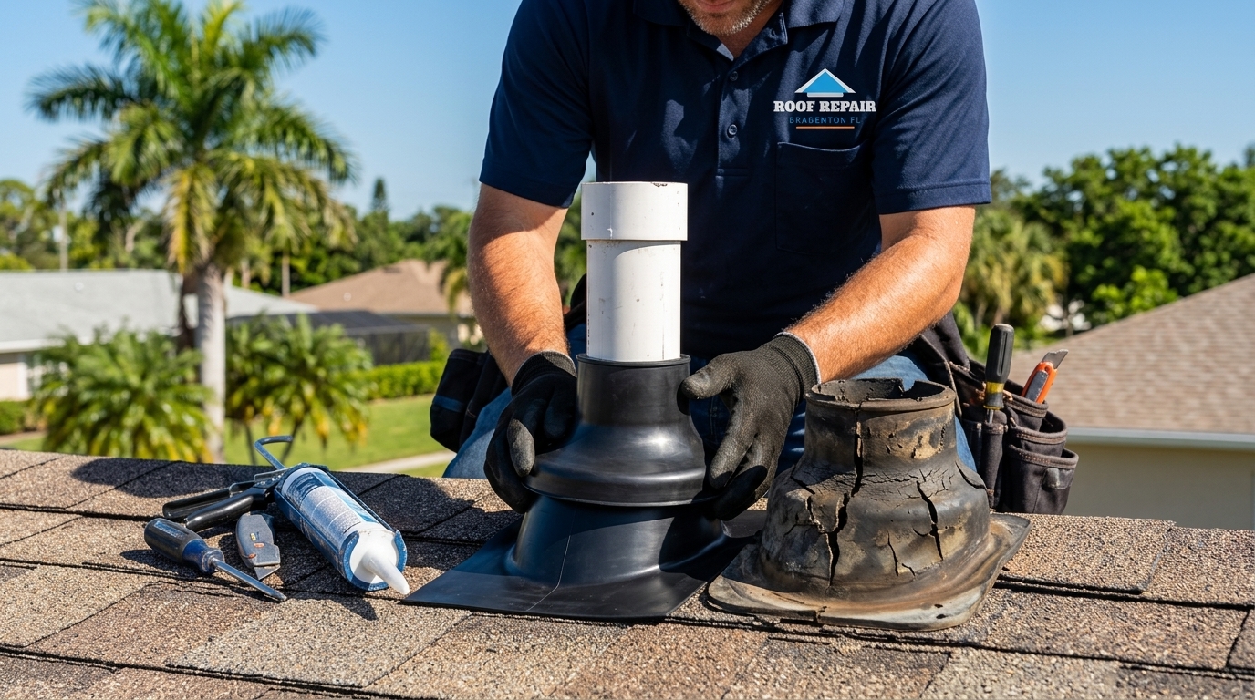 Pipe boot collar and vent seal replacement by Roof Repair Bradenton FL on residential roof in Bradenton