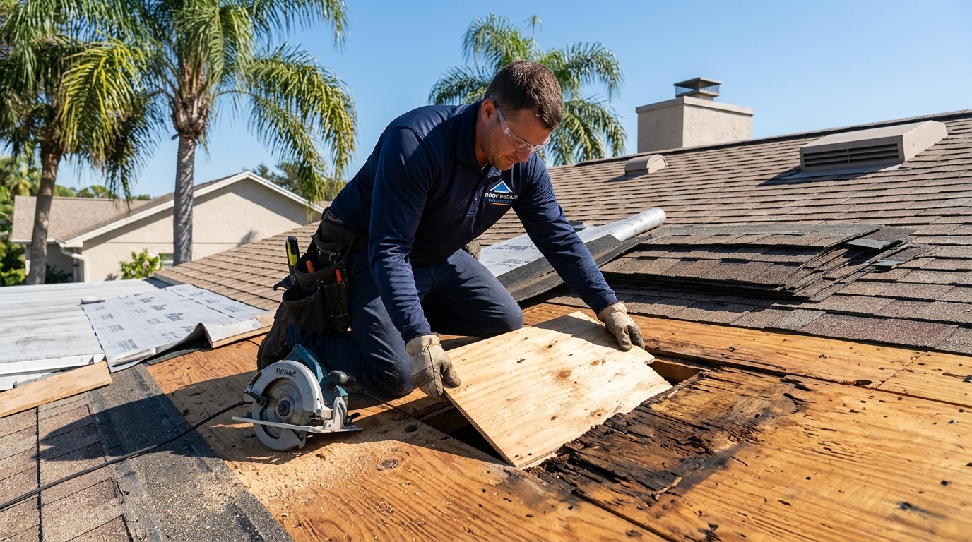 Rotted plywood roof deck substrate replacement by Roof Repair Bradenton FL