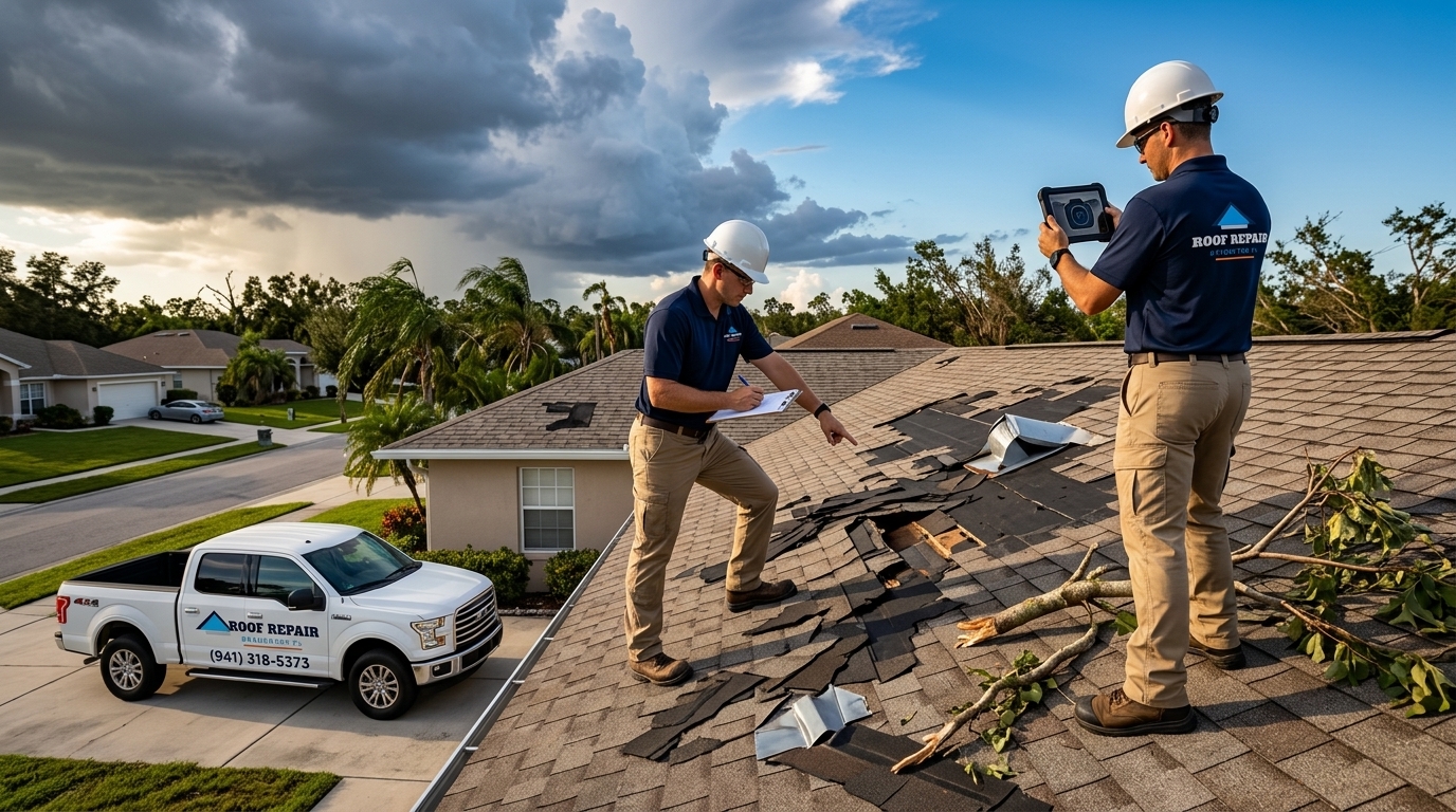 Storm damage assessment showing wind-lifted shingles by Roof Repair Bradenton FL team