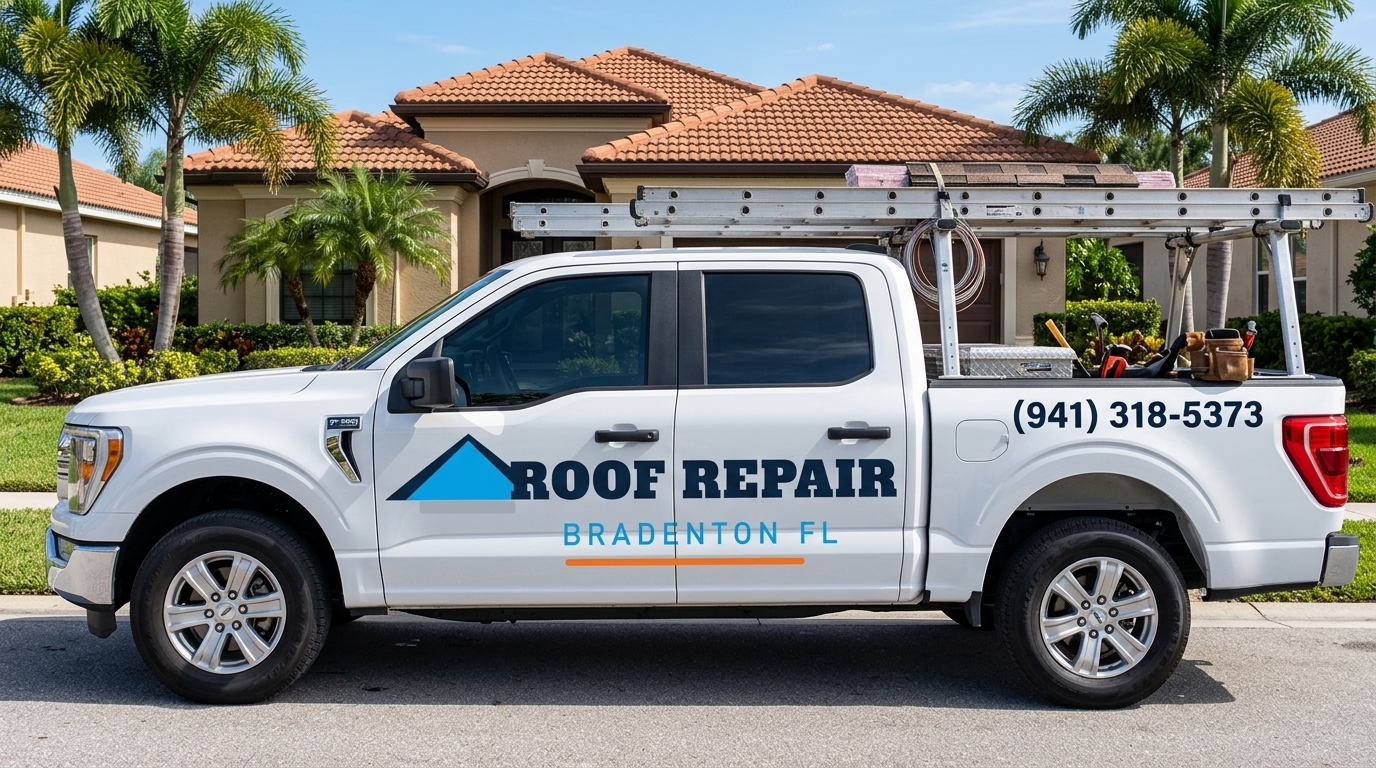 Roof Repair Bradenton FL branded Ford F-150 truck in front of Bradenton residential streetscape