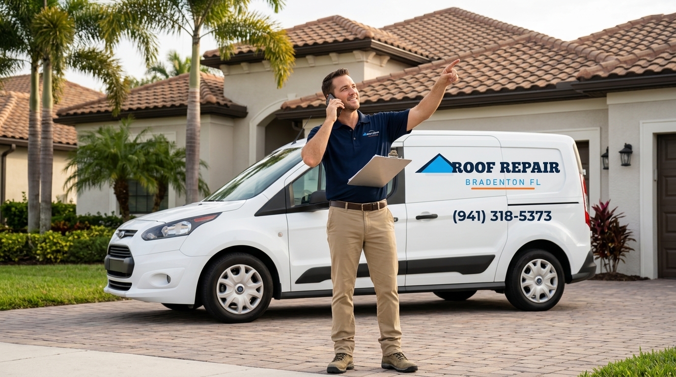 Roof Repair Bradenton FL technician consulting homeowner by phone while assessing roof in Bradenton, Florida