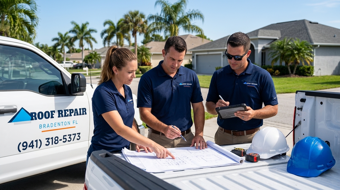 Roof Repair Bradenton FL team planning and reviewing blueprints at branded truck in Bradenton Florida
