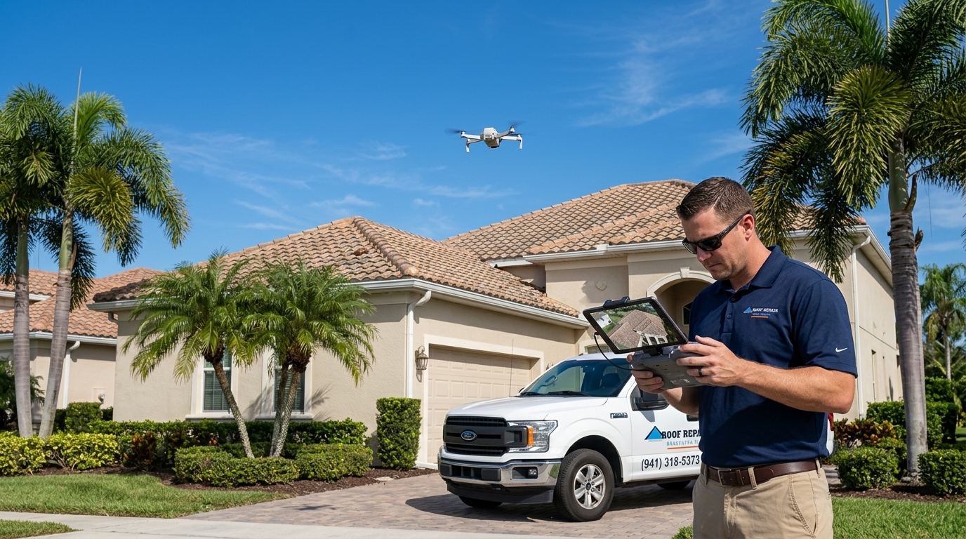 Drone roof inspection by Roof Repair Bradenton FL showing aerial view of Bradenton FL neighborhood